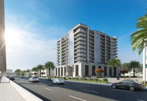 Azizi Zain , A modern apartment building against a backdrop of lush greenery and cityscape.