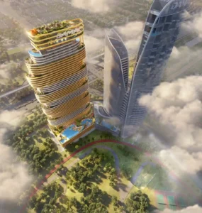 Damac The Sapphire: A golden tower rising against the Dubai skyline, reflecting the brilliance of a yellow sapphire