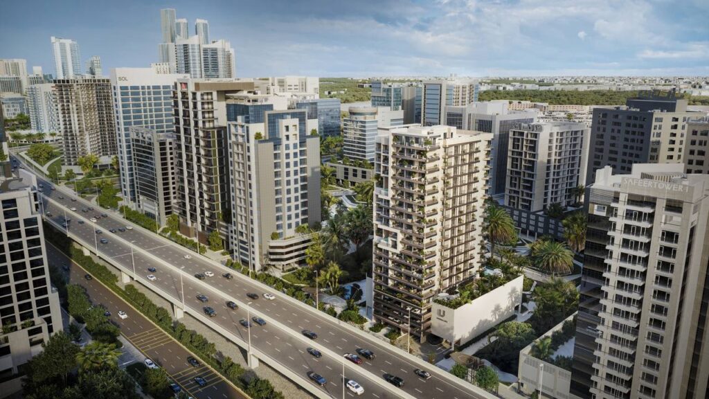 A panoramic view of the Dubai skyline with Urban Life Residences building in the foreground.