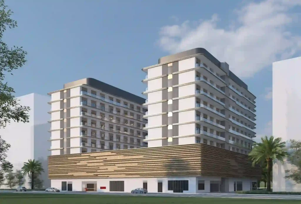 A captivating illustration of Azizi Jewel's majestic facade, highlighting its sleek design and glass exterior against a backdrop of Dubai's vibrant skyline.